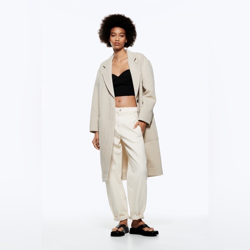 Zara Button-Up Long Coat in Cream